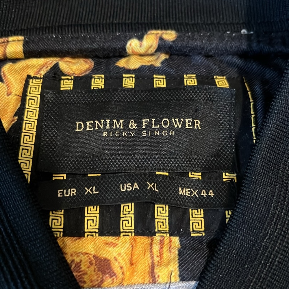 Denim & Flower Black Gold Baroque Print Bomber Jacket Mens Streetwear Zip Up - Picture 2 of 11